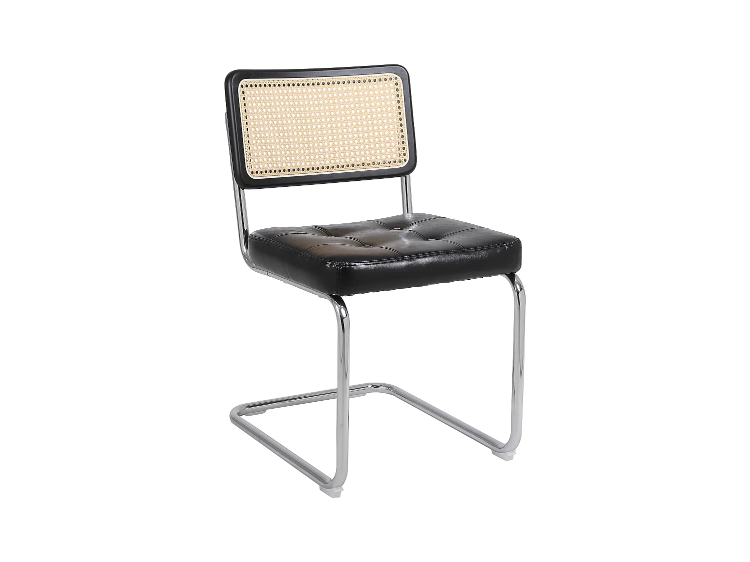 Set van twee eetkamerstoelen van rotan, met kussens van zacht kunstleer, rugleuning van gaas zonder armleuningen, zwart