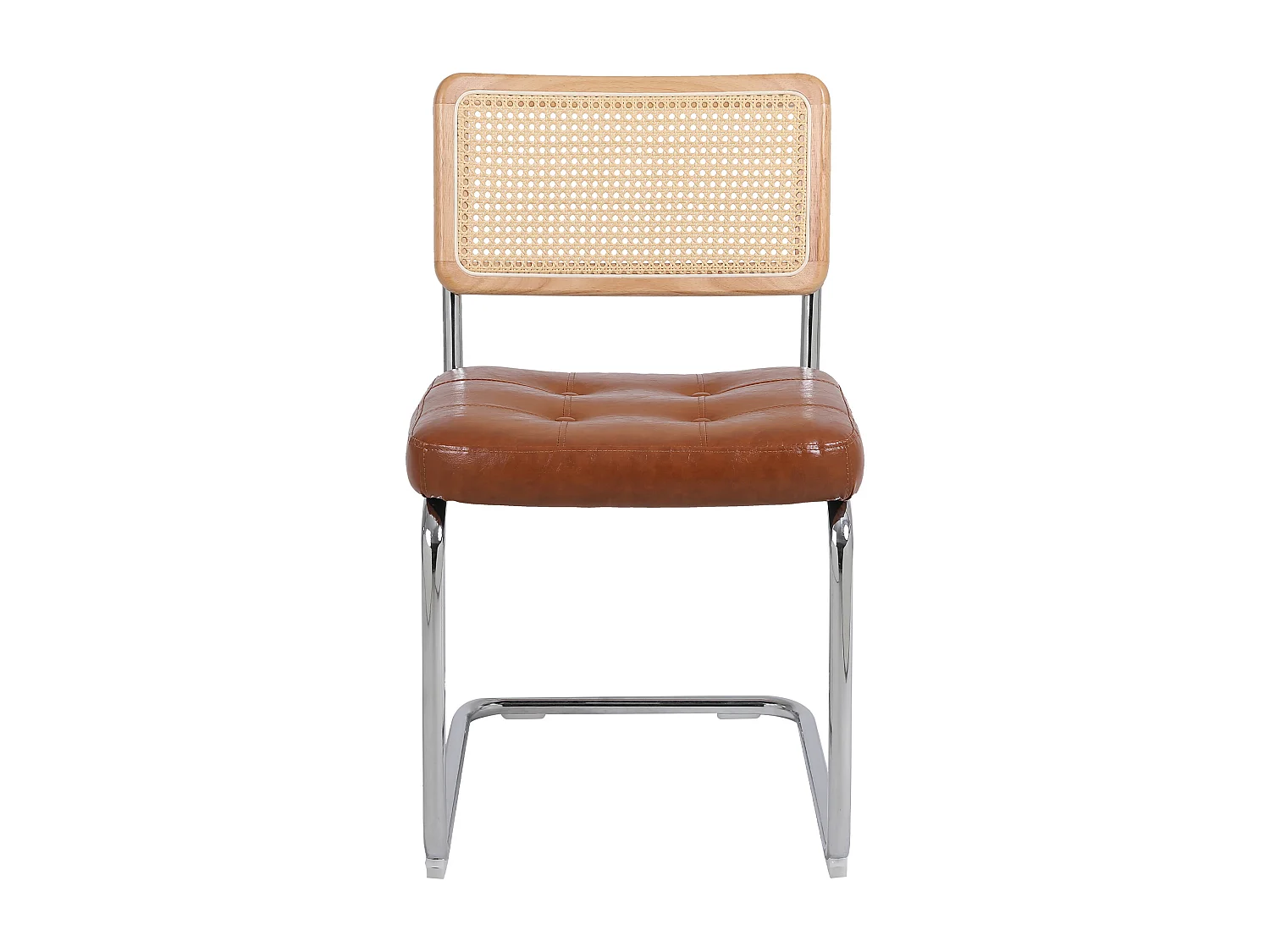 Un ensemble de 2 chaises de salle à manger en rotin, avec des coussins en simili cuir souple, un dossier en maille sans accoudoirs,  marron.