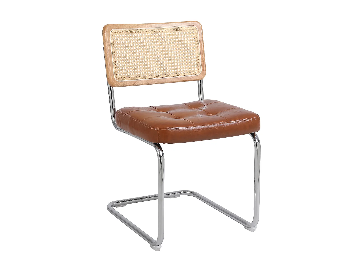 Un ensemble de 2 chaises de salle à manger en rotin, avec des coussins en simili cuir souple, un dossier en maille sans accoudoirs,  marron.