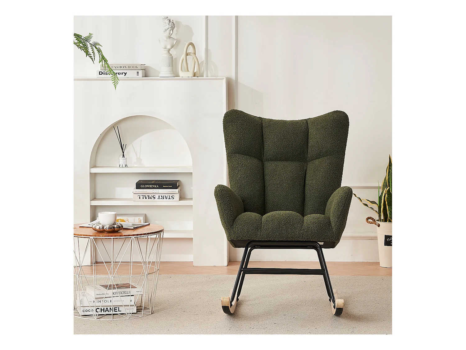 Fauteuil à bascule moderne, avec dossier haut et accoudoirs, confortable et unique,vert