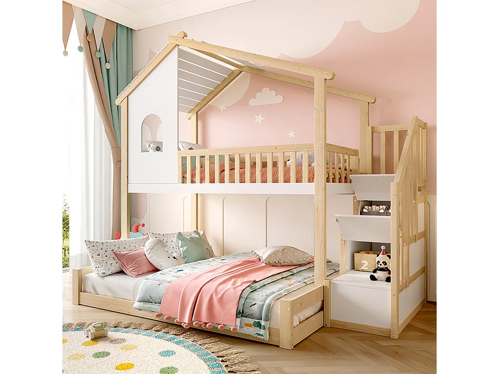 Etagenbett, 90 x 200 cm + 140 x 200 cm, Bettgitter, Aufbewahrungsleiter, Fenster, Kopfteil, Farbe Natur + Weiß