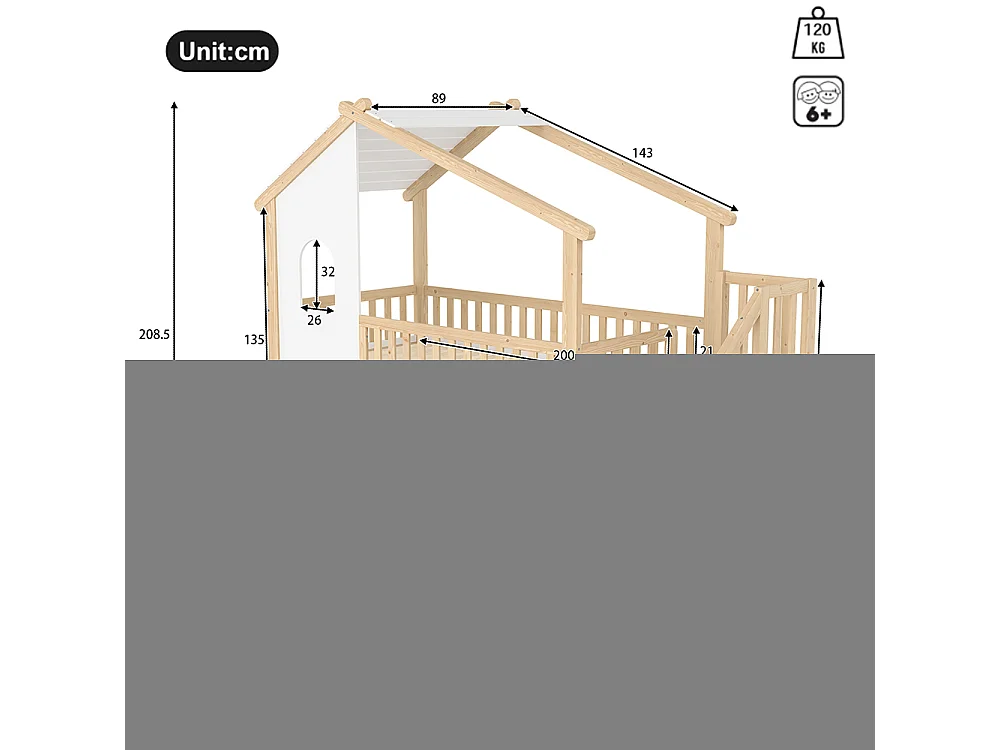 Etagenbett, 90 x 200 cm + 140 x 200 cm, Bettgitter, Aufbewahrungsleiter, Fenster, Kopfteil, Farbe Natur + Weiß