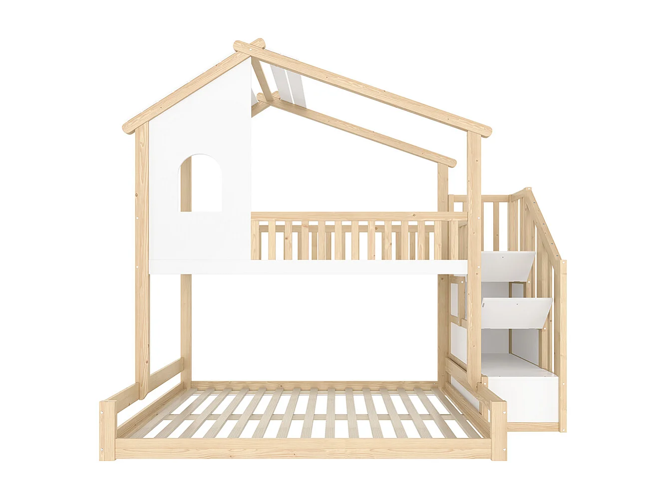 Etagenbett, 90 x 200 cm + 140 x 200 cm, Bettgitter, Aufbewahrungsleiter, Fenster, Kopfteil, Farbe Natur + Weiß