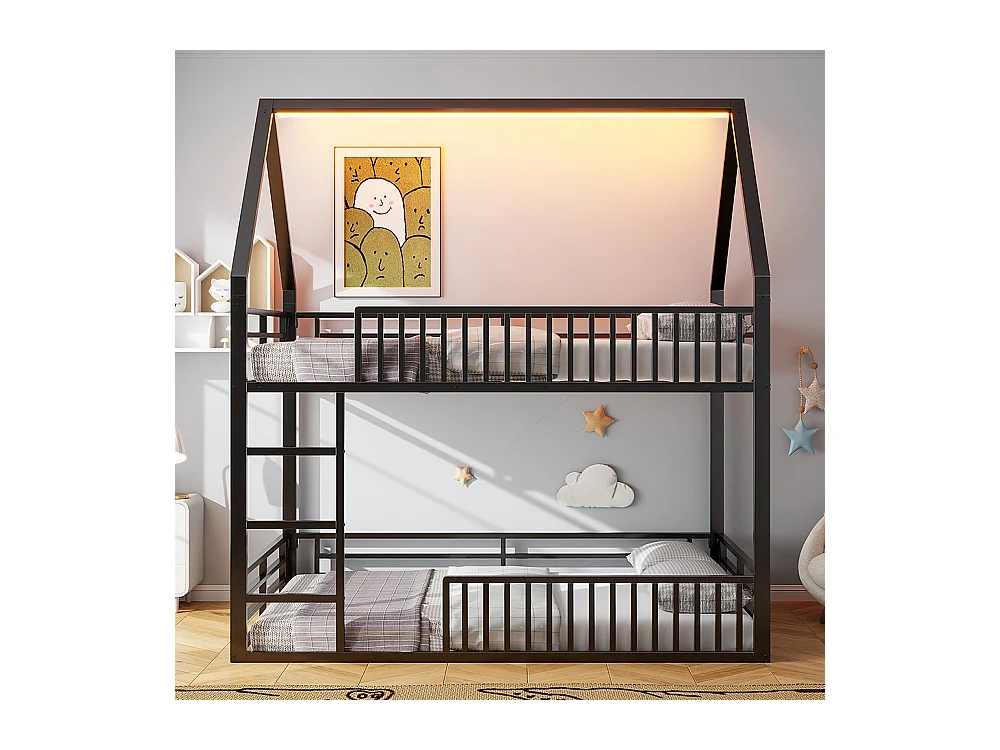 Lit superposé 140x200 avec barrière et éclairage LED, noir