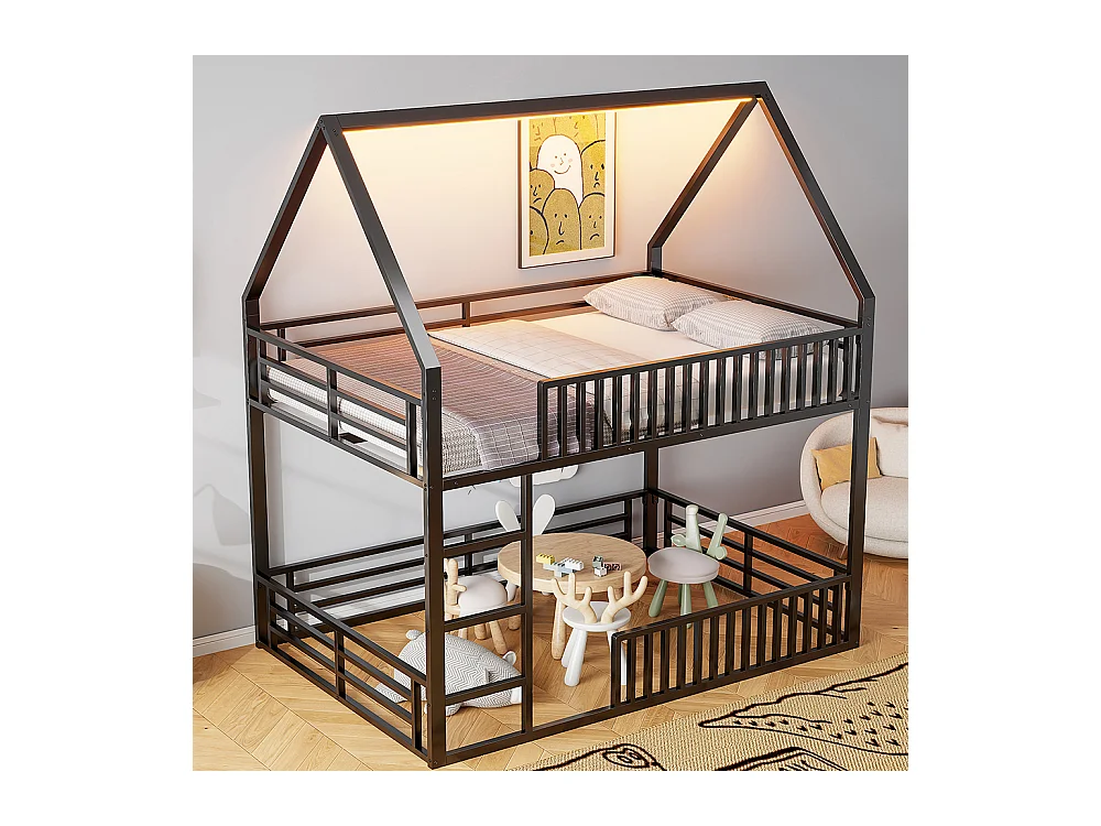 Lit superposé 140x200 avec barrière et éclairage LED, noir