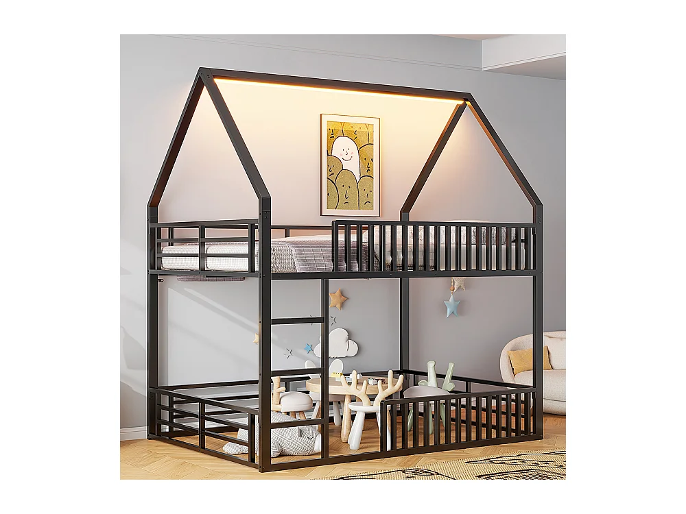 Lit superposé 140x200 avec barrière et éclairage LED, noir