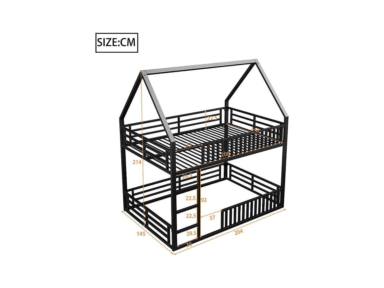 Lit superposé 140x200 avec barrière et éclairage LED, noir