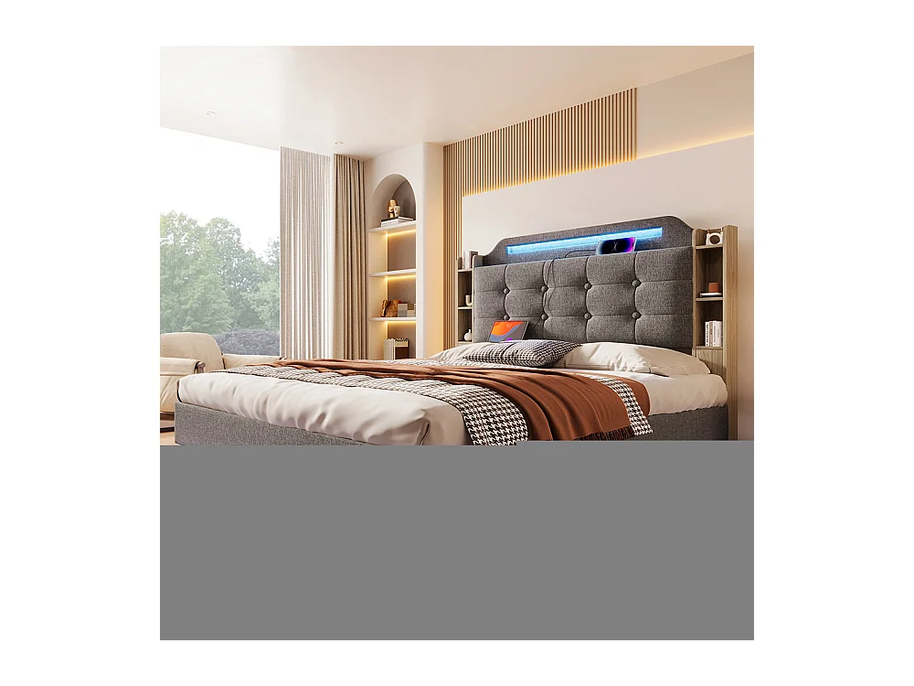 Gestoffeerd tweepersoonsbed 140 x 200 cm, met ledstrip, hydraulische opbergruimte, opbergvakken, USB- en Type-C-aansluitingen, linnen stof, grijs