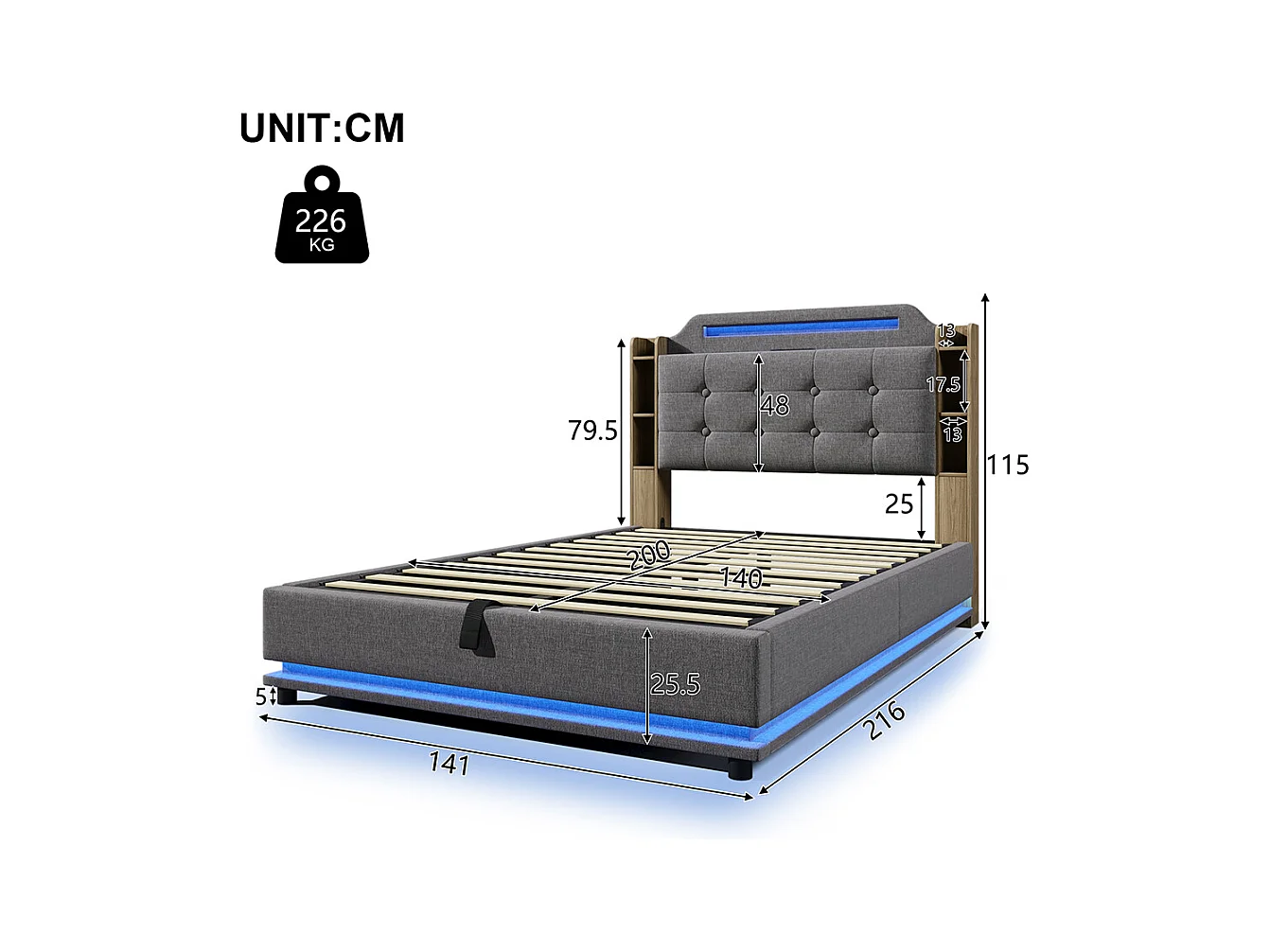 Gestoffeerd tweepersoonsbed 140 x 200 cm, met ledstrip, hydraulische opbergruimte, opbergvakken, USB- en Type-C-aansluitingen, linnen stof, grijs