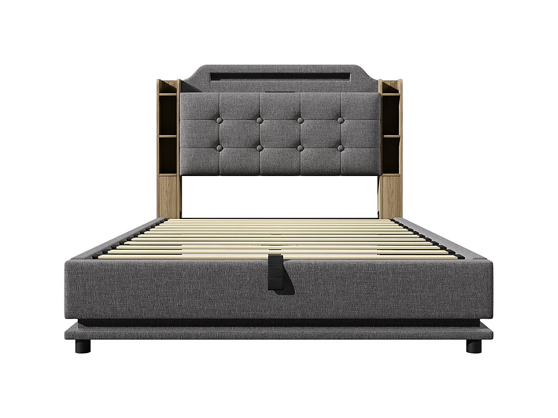 Gestoffeerd tweepersoonsbed 140 x 200 cm, met ledstrip, hydraulische opbergruimte, opbergvakken, USB- en Type-C-aansluitingen, linnen stof, grijs