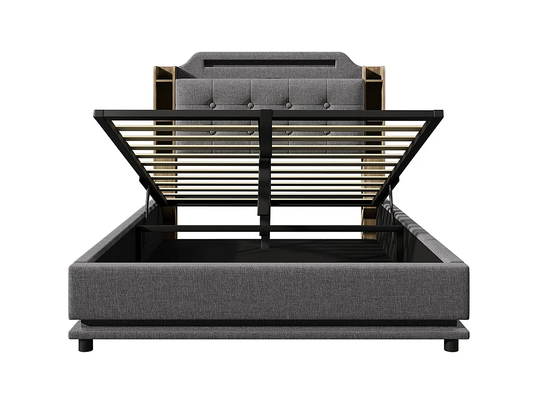 Gestoffeerd tweepersoonsbed 140 x 200 cm, met ledstrip, hydraulische opbergruimte, opbergvakken, USB- en Type-C-aansluitingen, linnen stof, grijs