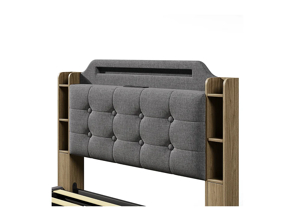 Gestoffeerd tweepersoonsbed 140 x 200 cm, met ledstrip, hydraulische opbergruimte, opbergvakken, USB- en Type-C-aansluitingen, linnen stof, grijs