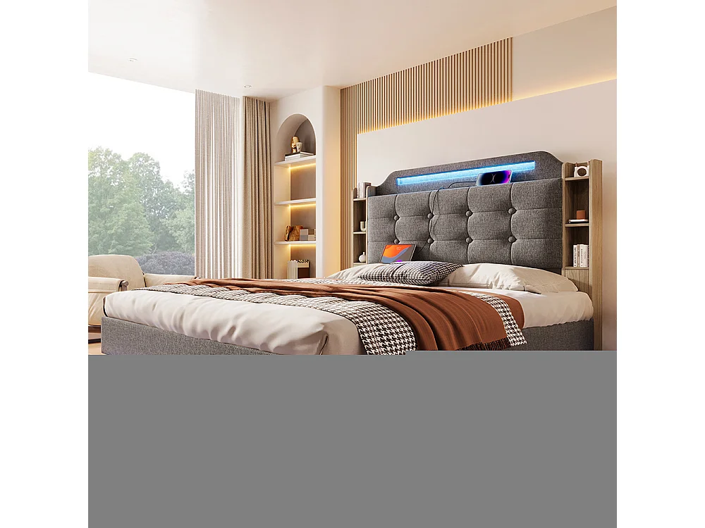 Lit double rembourré 140 x 200 cm, avec bande LED, rangement hydraulique, compartiments de rangement, ports USB + Type-C, tissu en lin, gris