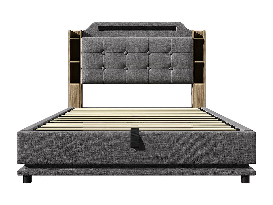 Lit double rembourré 140 x 200 cm, avec bande LED, rangement hydraulique, compartiments de rangement, ports USB + Type-C, tissu en lin, gris