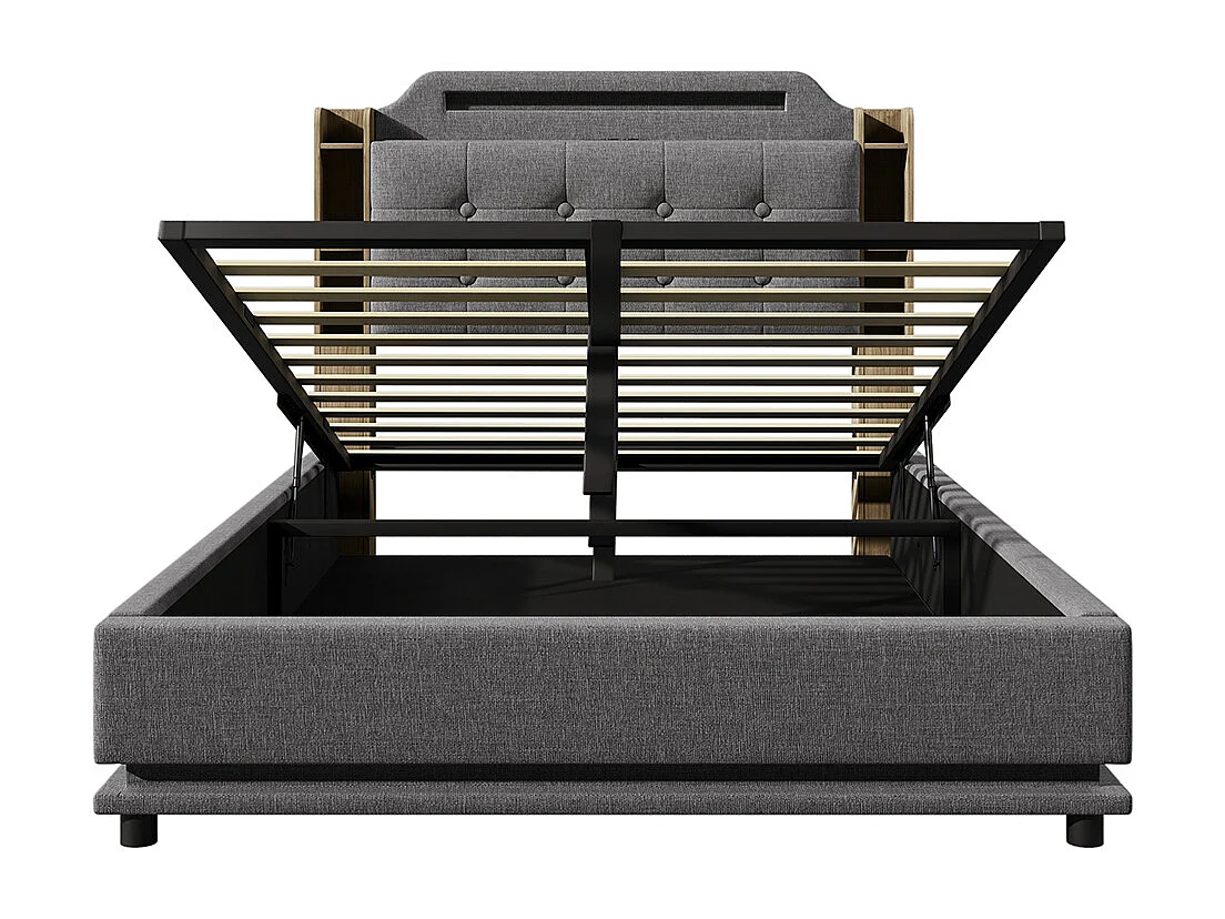 Lit double rembourré 140 x 200 cm, avec bande LED, rangement hydraulique, compartiments de rangement, ports USB + Type-C, tissu en lin, gris