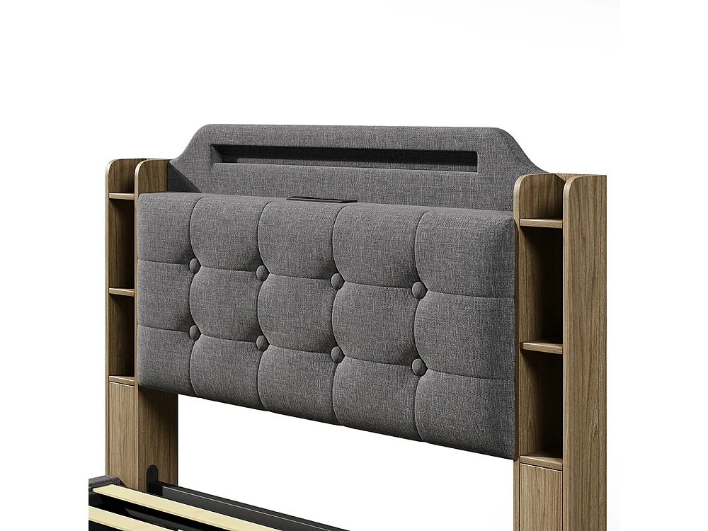 Lit double rembourré 140 x 200 cm, avec bande LED, rangement hydraulique, compartiments de rangement, ports USB + Type-C, tissu en lin, gris