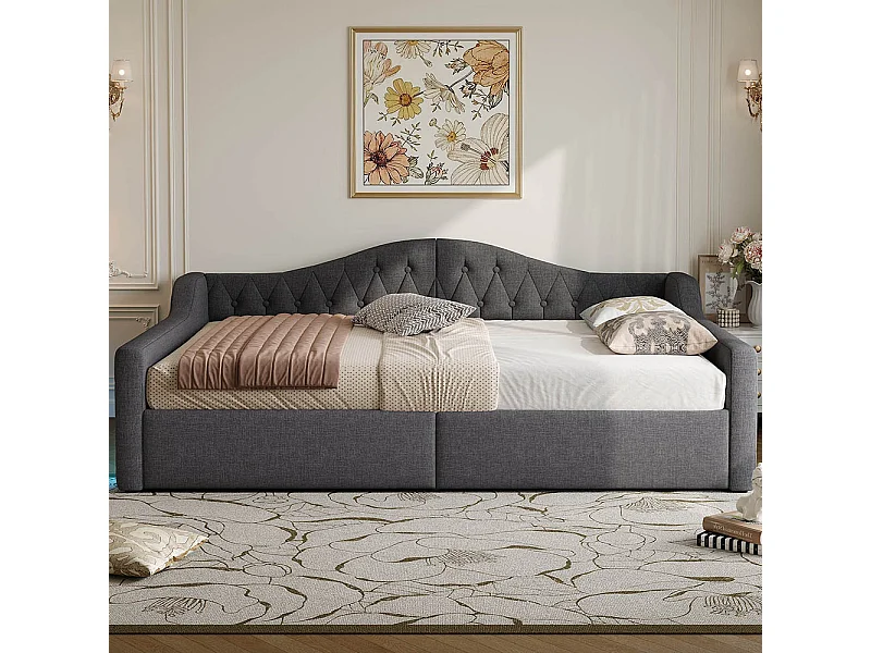 Sofá cama 140 x 200 cm, con tira LED, almacenamiento hidráulico, gris.