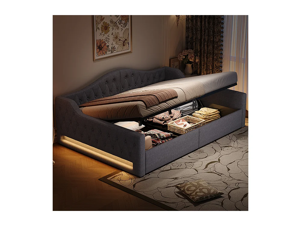 Sofá cama 140 x 200 cm, con tira LED, almacenamiento hidráulico, gris.