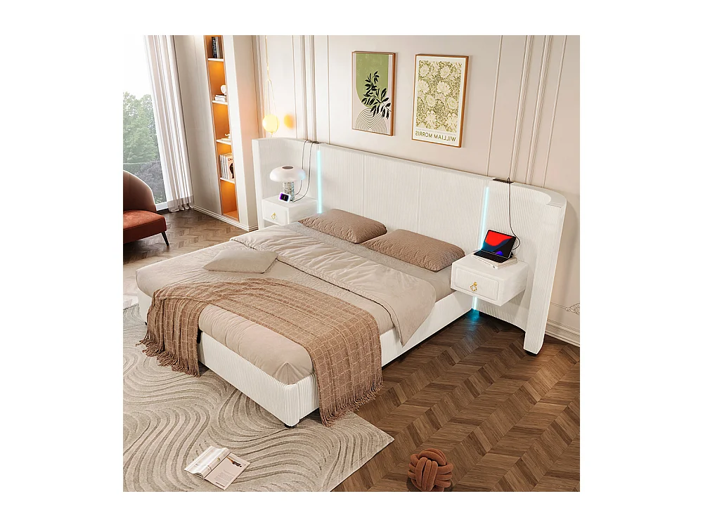 Lit double pour adultes 180 x 200 cm, avec bande LED, système hydraulique, 2 tiroirs, ports USB + Type-C, revêtement en velours,Beige