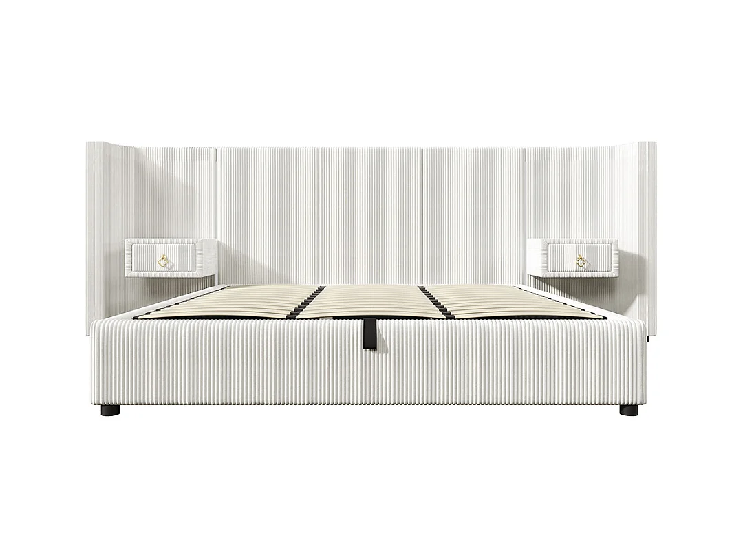 Lit double pour adultes 180 x 200 cm, avec bande LED, système hydraulique, 2 tiroirs, ports USB + Type-C, revêtement en velours,Beige