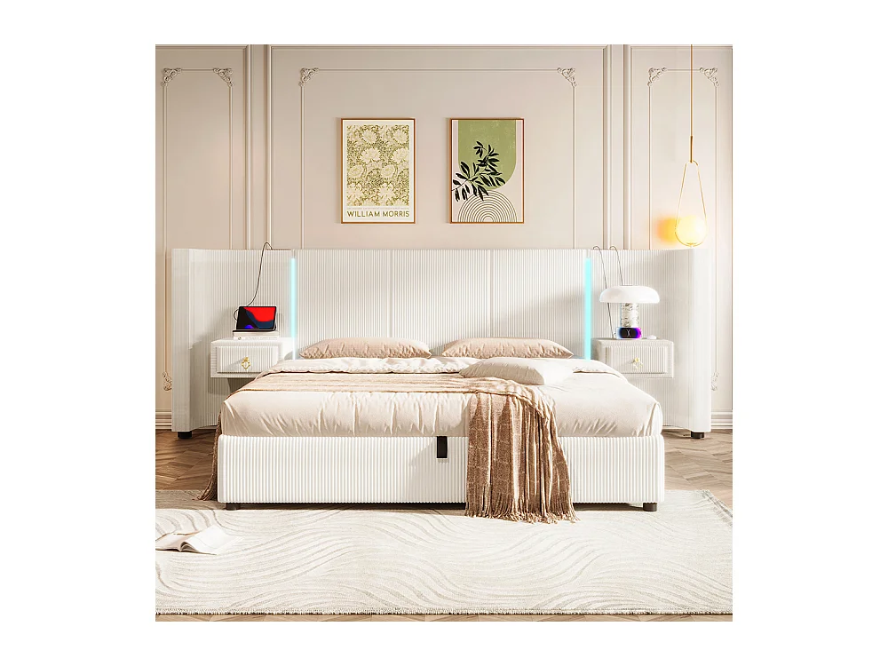 Lit double pour adultes 180 x 200 cm, avec bande LED, système hydraulique, 2 tiroirs, ports USB + Type-C, revêtement en velours,Beige