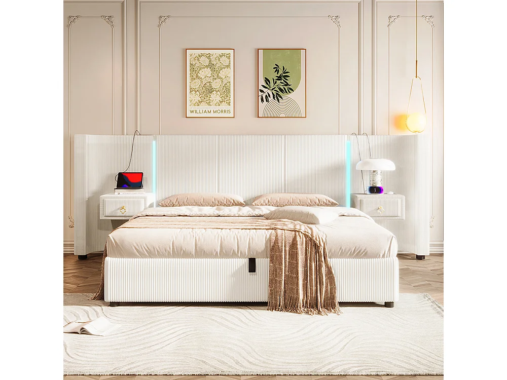 Lit double pour adultes 180 x 200 cm, avec bande LED, système hydraulique, 2 tiroirs, ports USB + Type-C, revêtement en velours,Beige