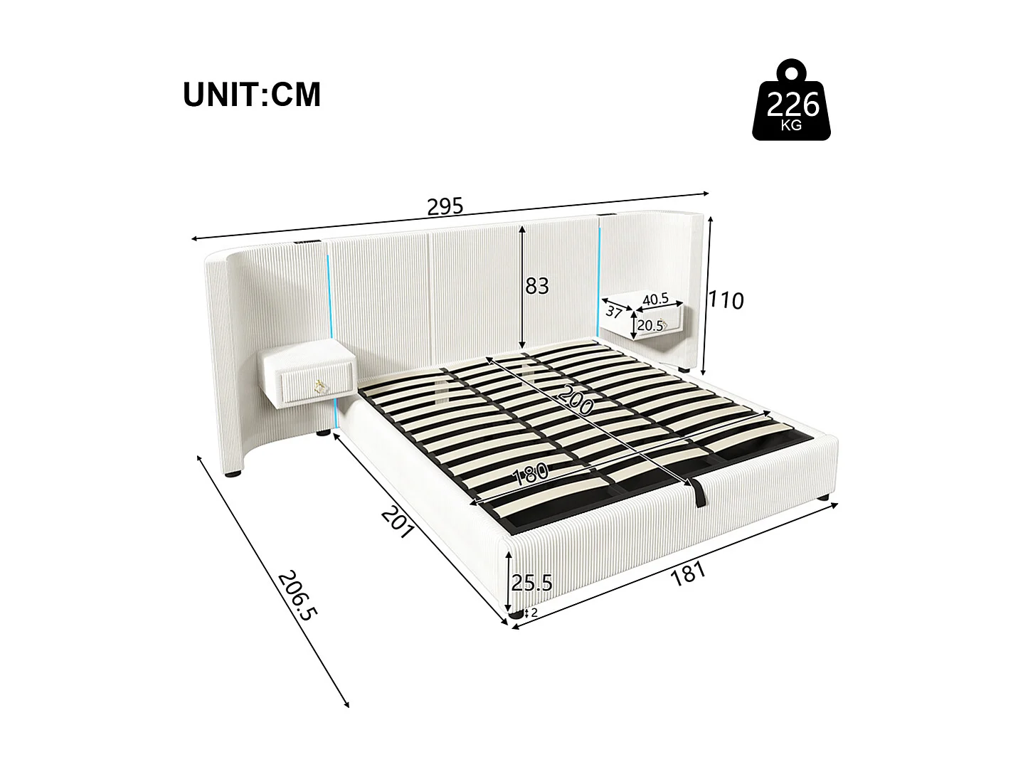 Lit double pour adultes 180 x 200 cm, avec bande LED, système hydraulique, 2 tiroirs, ports USB + Type-C, revêtement en velours,Beige