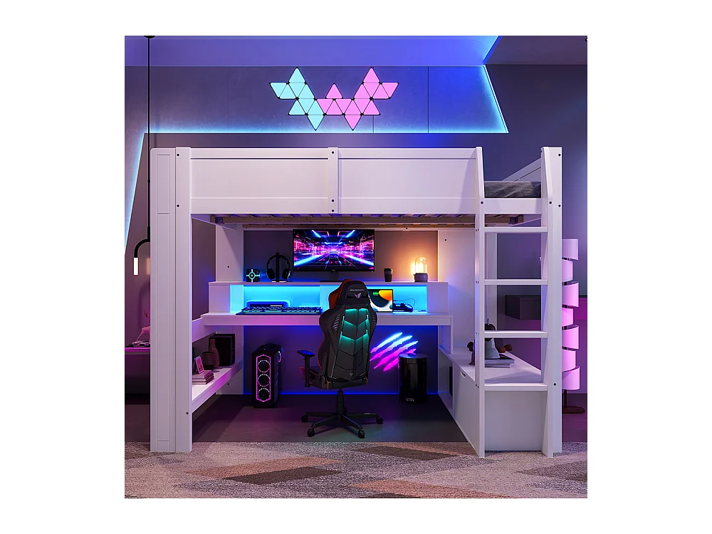 Lit mezzanine 140 x 200 cm, lit ludique avec bureau, équipé d'une lampe LED, d'un bureau, de tiroirs, d'étagères, sans matelas, couleur blanche.