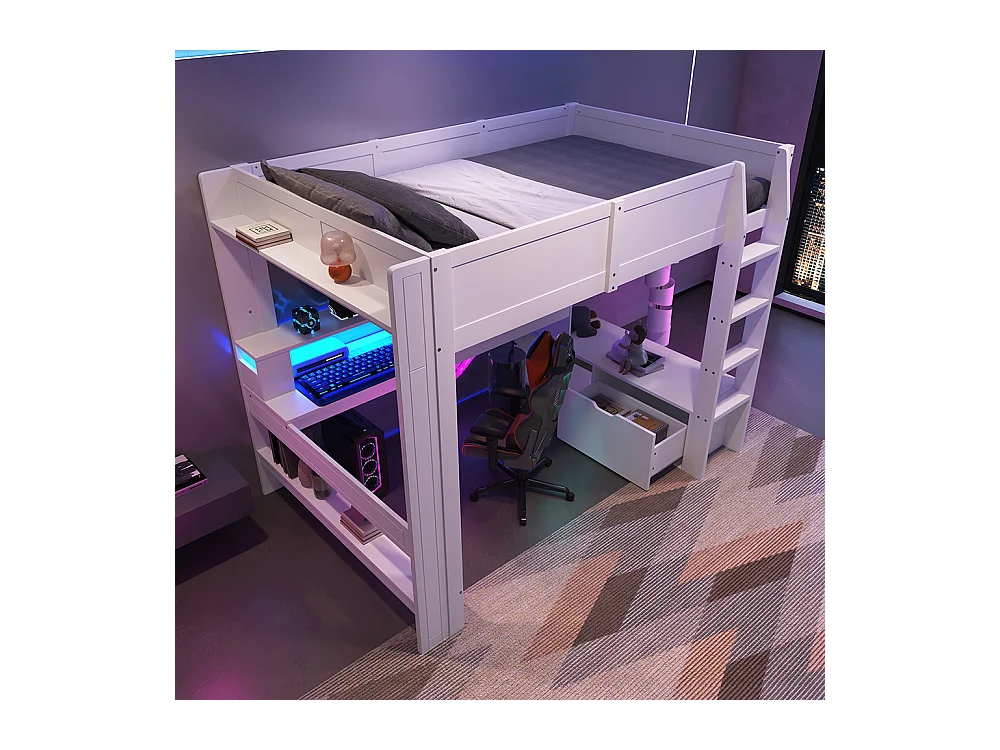 Lit mezzanine 140 x 200 cm, lit ludique avec bureau, équipé d'une lampe LED, d'un bureau, de tiroirs, d'étagères, sans matelas, couleur blanche.