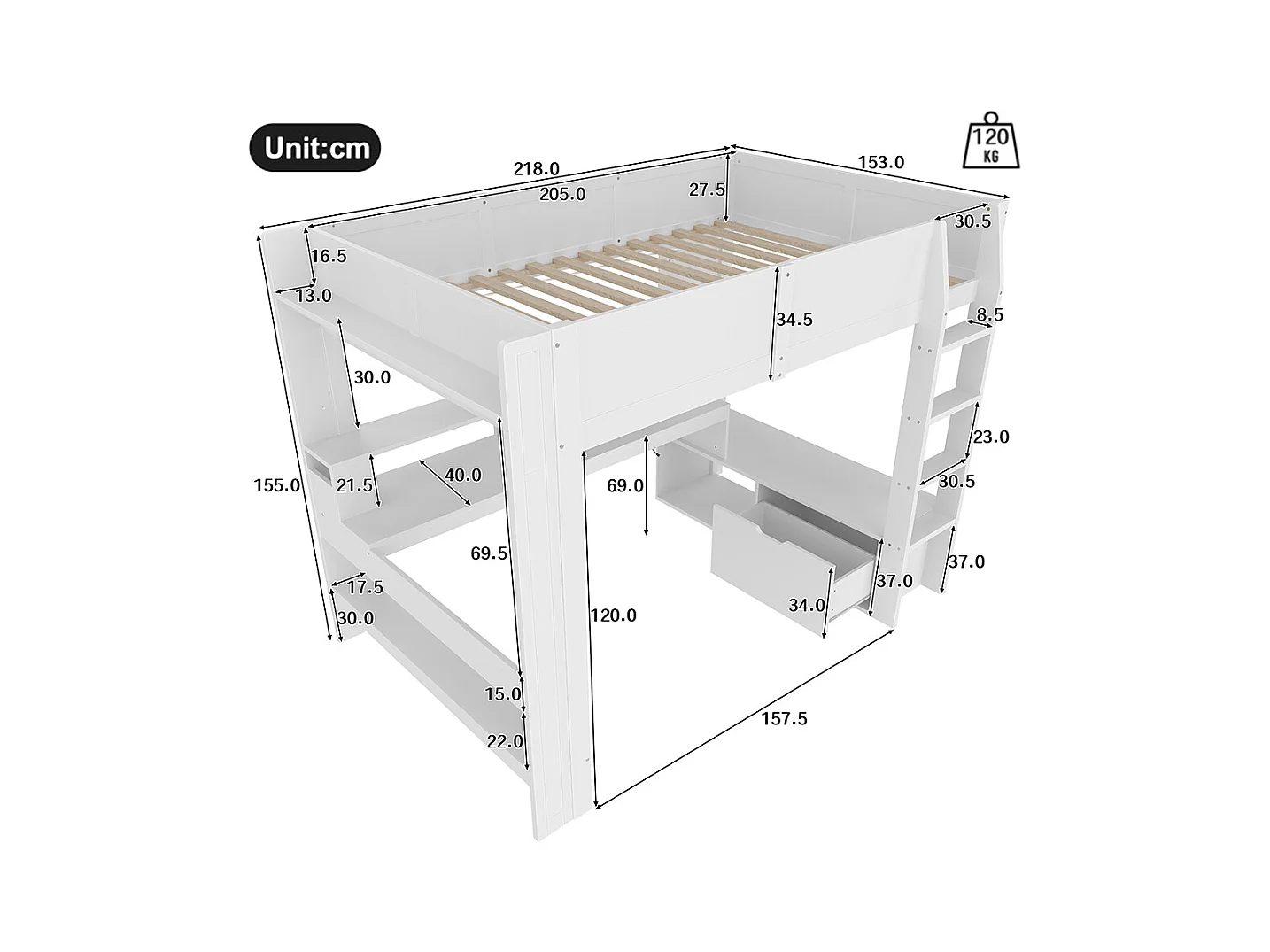 Lit mezzanine 140 x 200 cm, lit ludique avec bureau, équipé d'une lampe LED, d'un bureau, de tiroirs, d'étagères, sans matelas, couleur blanche.