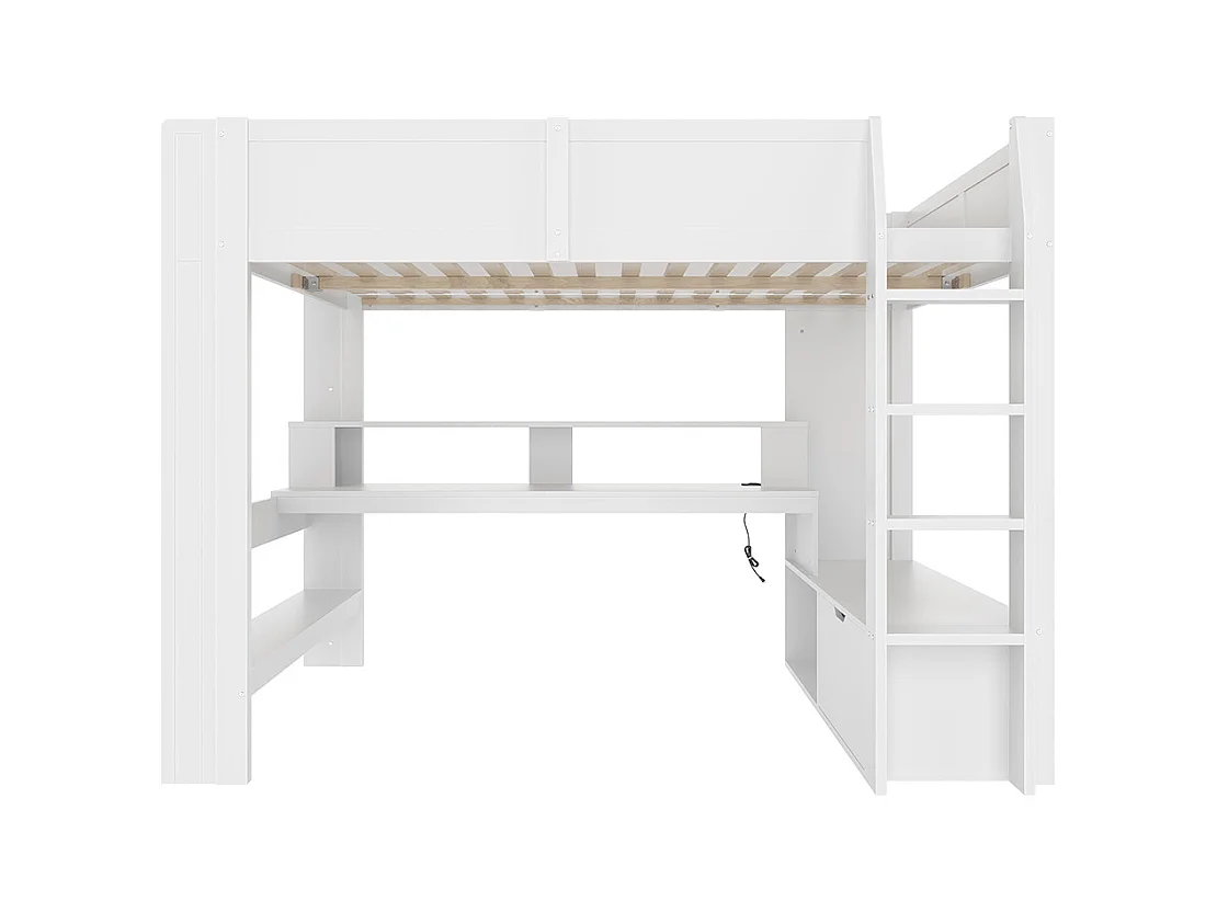 Lit mezzanine 140 x 200 cm, lit ludique avec bureau, équipé d'une lampe LED, d'un bureau, de tiroirs, d'étagères, sans matelas, couleur blanche.