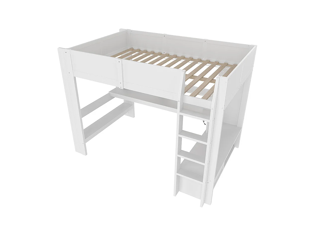 Lit mezzanine 140 x 200 cm, lit ludique avec bureau, équipé d'une lampe LED, d'un bureau, de tiroirs, d'étagères, sans matelas, couleur blanche.