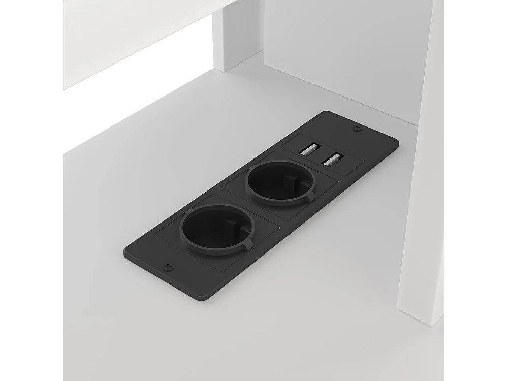 Lit mezzanine 140 x 200 cm, lit ludique avec bureau, équipé d'une lampe LED, d'un bureau, de tiroirs, d'étagères, sans matelas, couleur blanche.