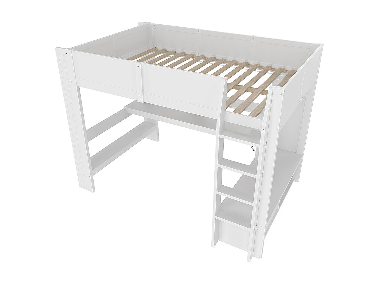 Lit mezzanine 140 x 200 cm, lit ludique avec bureau, équipé d'une lampe LED, d'un bureau, de tiroirs, d'étagères, sans matelas, couleur blanche.
