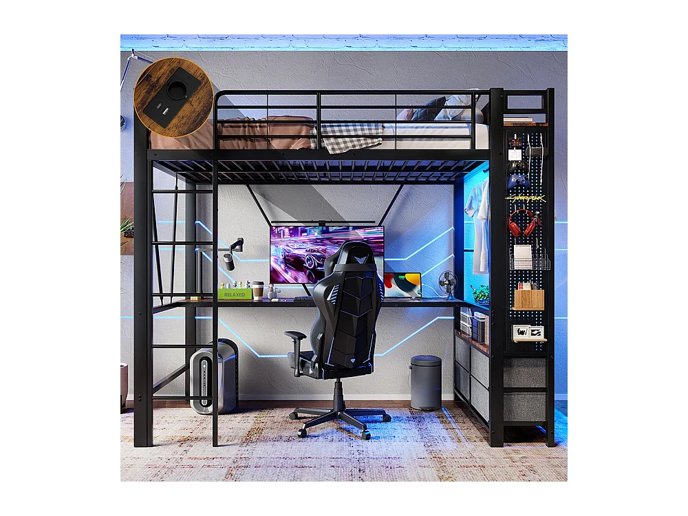 Lit mezzanine 90 x 200 cm, en fer, avec bureau, tringle à linge, étagères, tiroirs, prises USB + Type-C, bande LED,noir