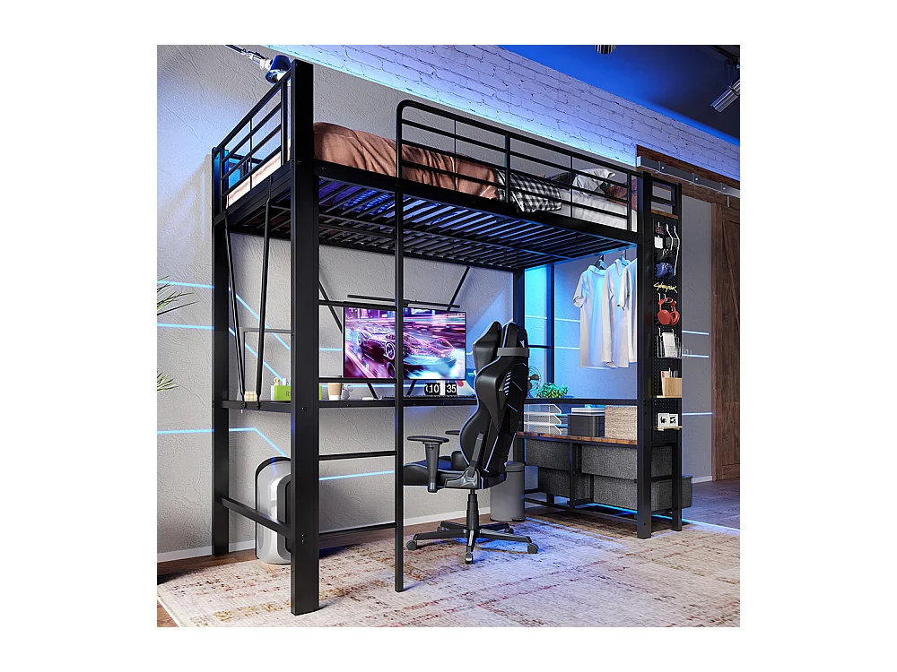 Lit mezzanine 90 x 200 cm, en fer, avec bureau, tringle à linge, étagères, tiroirs, prises USB + Type-C, bande LED,noir