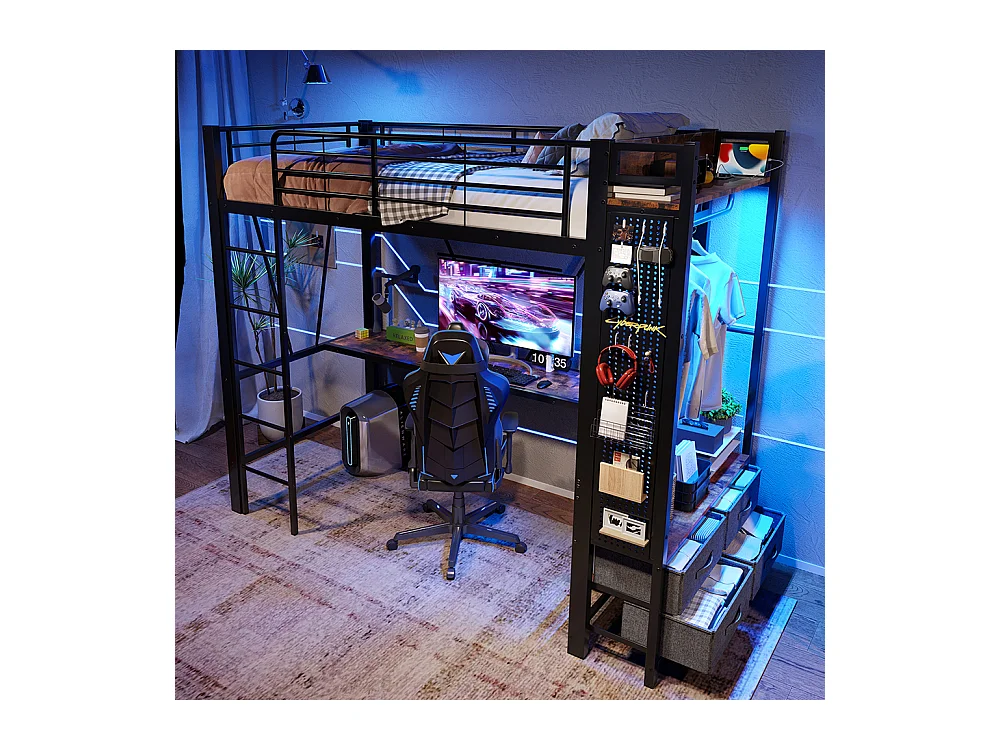 Lit mezzanine 90 x 200 cm, en fer, avec bureau, tringle à linge, étagères, tiroirs, prises USB + Type-C, bande LED,noir
