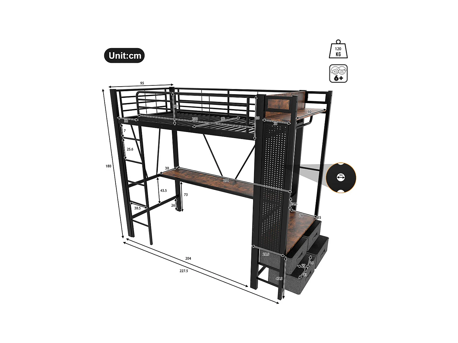 Lit mezzanine 90 x 200 cm, en fer, avec bureau, tringle à linge, étagères, tiroirs, prises USB + Type-C, bande LED,noir