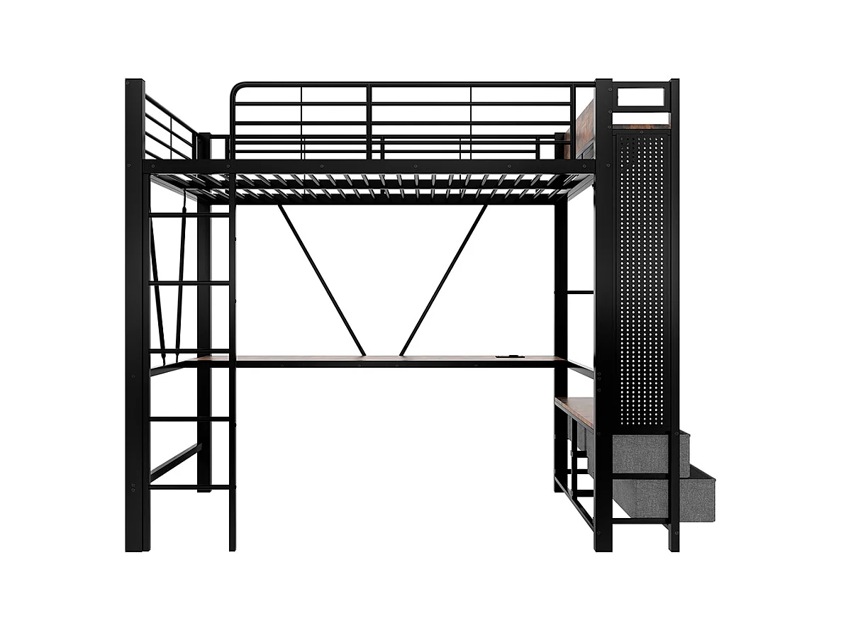 Lit mezzanine 90 x 200 cm, en fer, avec bureau, tringle à linge, étagères, tiroirs, prises USB + Type-C, bande LED,noir