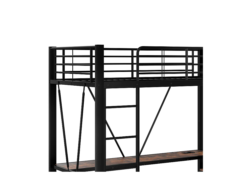 Lit mezzanine 90 x 200 cm, en fer, avec bureau, tringle à linge, étagères, tiroirs, prises USB + Type-C, bande LED,noir