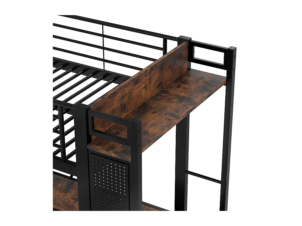 Lit mezzanine 90 x 200 cm, en fer, avec bureau, tringle à linge, étagères, tiroirs, prises USB + Type-C, bande LED,noir