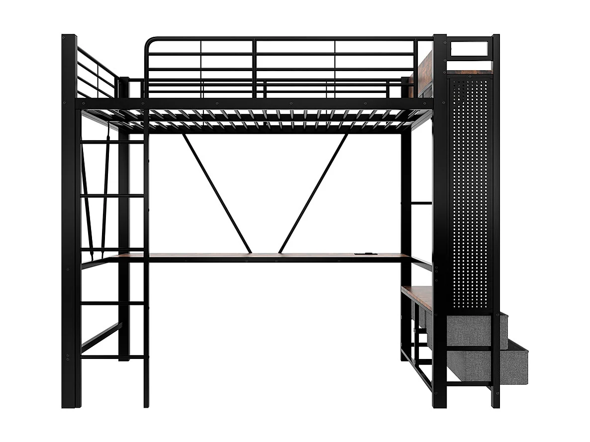 Lit mezzanine 90 x 200 cm, en fer, avec bureau, tringle à linge, étagères, tiroirs, prises USB + Type-C, bande LED,noir