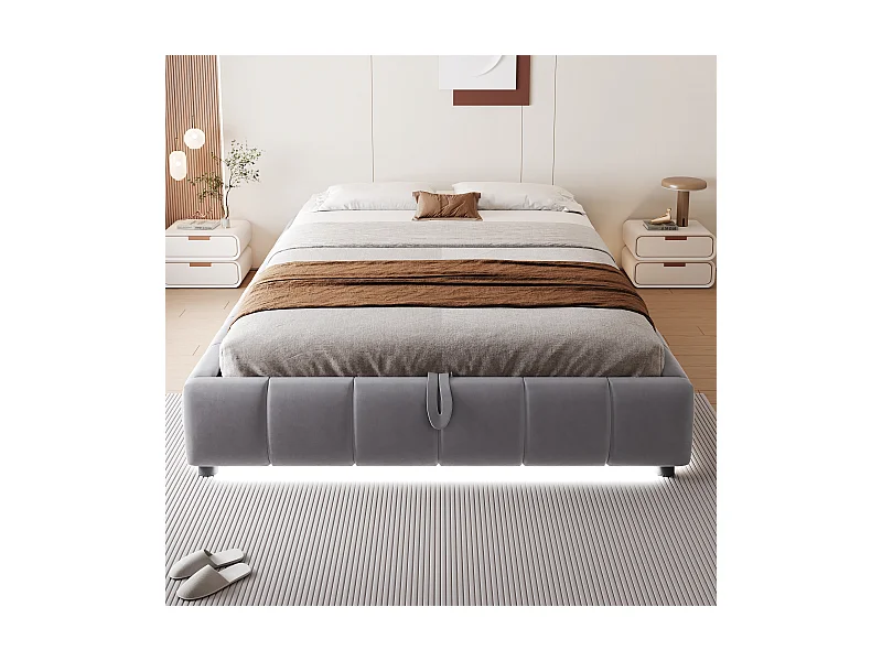Polsterbett für Erwachsene 140 x 200 cm, ohne Kopfteil, mit LED-Streifen (einfarbig), Lattenrost mit hydraulischer Federung, grau