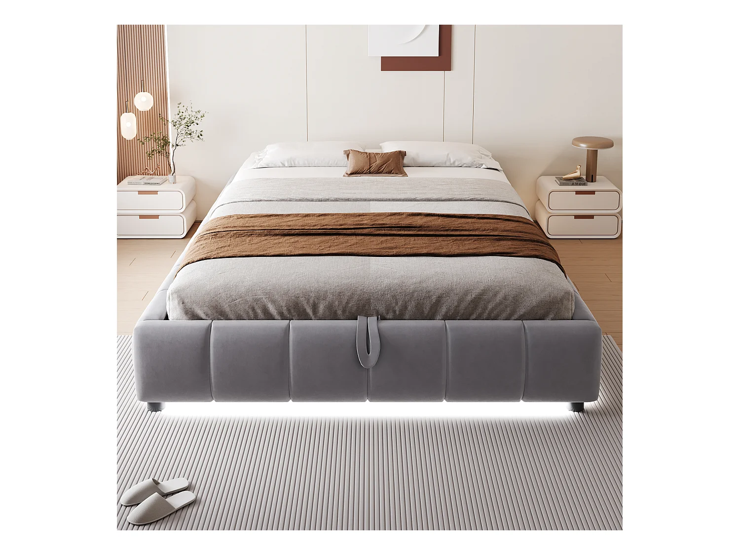 Lit matelassé pour adulte 140 x 200 cm, sans tête de lit, avec bande LED (monochrome), sommier à suspension hydraulique,gris