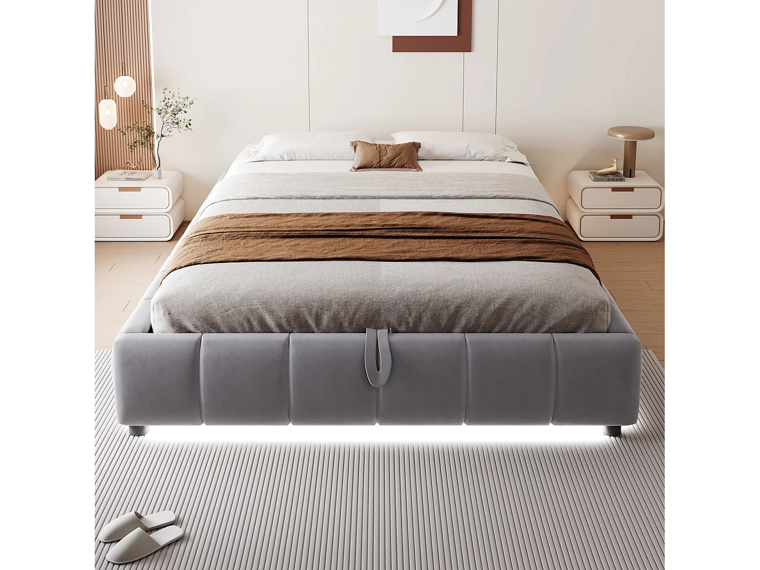 Lit matelassé pour adulte 140 x 200 cm, sans tête de lit, avec bande LED (monochrome), sommier à suspension hydraulique,gris