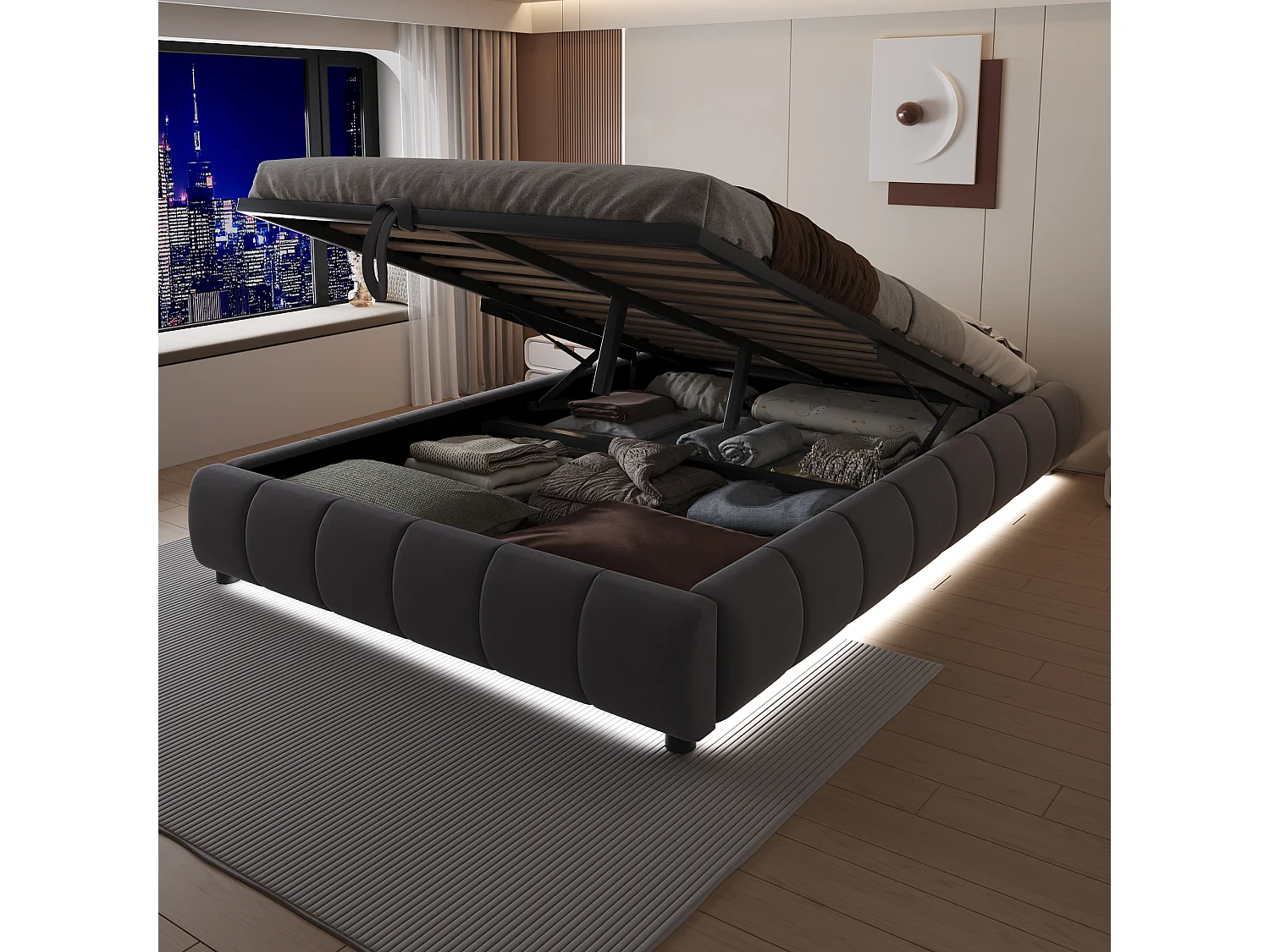 Lit matelassé pour adulte 140 x 200 cm, sans tête de lit, avec bande LED (monochrome), sommier à suspension hydraulique,gris