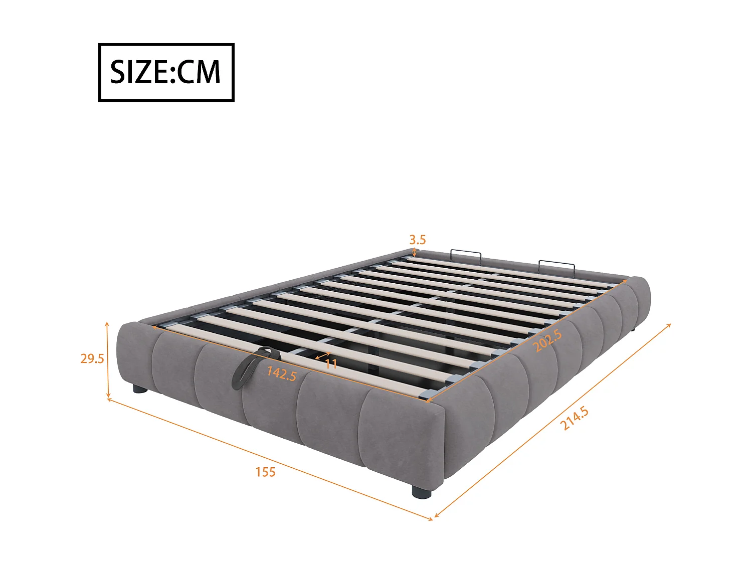 Lit matelassé pour adulte 140 x 200 cm, sans tête de lit, avec bande LED (monochrome), sommier à suspension hydraulique,gris