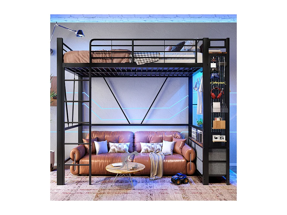 Lit mezzanine 90 x 200 cm, structure en fer, avec tringle à linge, étagères, tiroirs, prises USB + Type-C, bande LED, noir