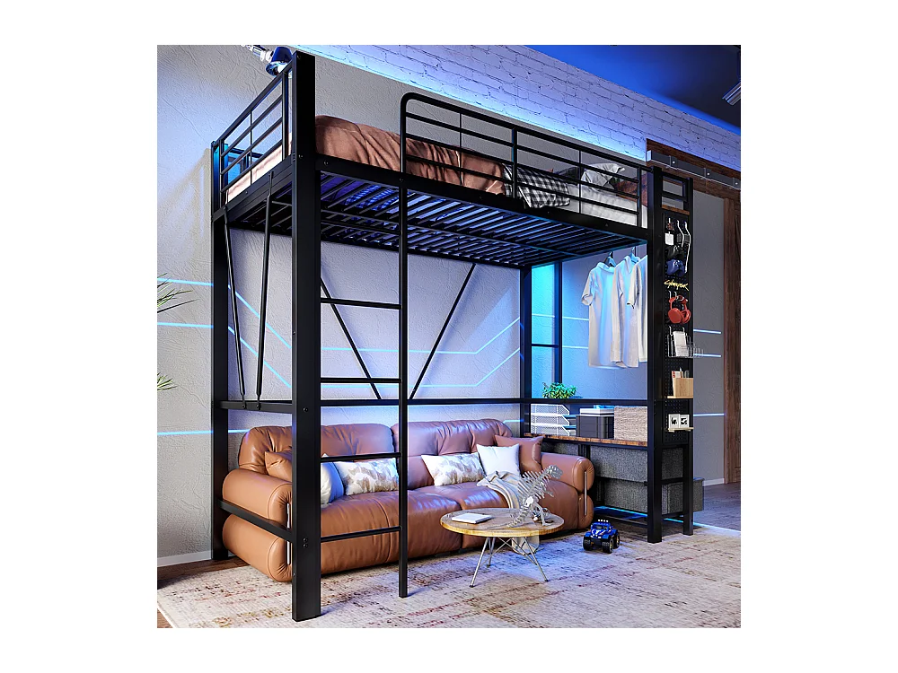 Lit mezzanine 90 x 200 cm, structure en fer, avec tringle à linge, étagères, tiroirs, prises USB + Type-C, bande LED, noir