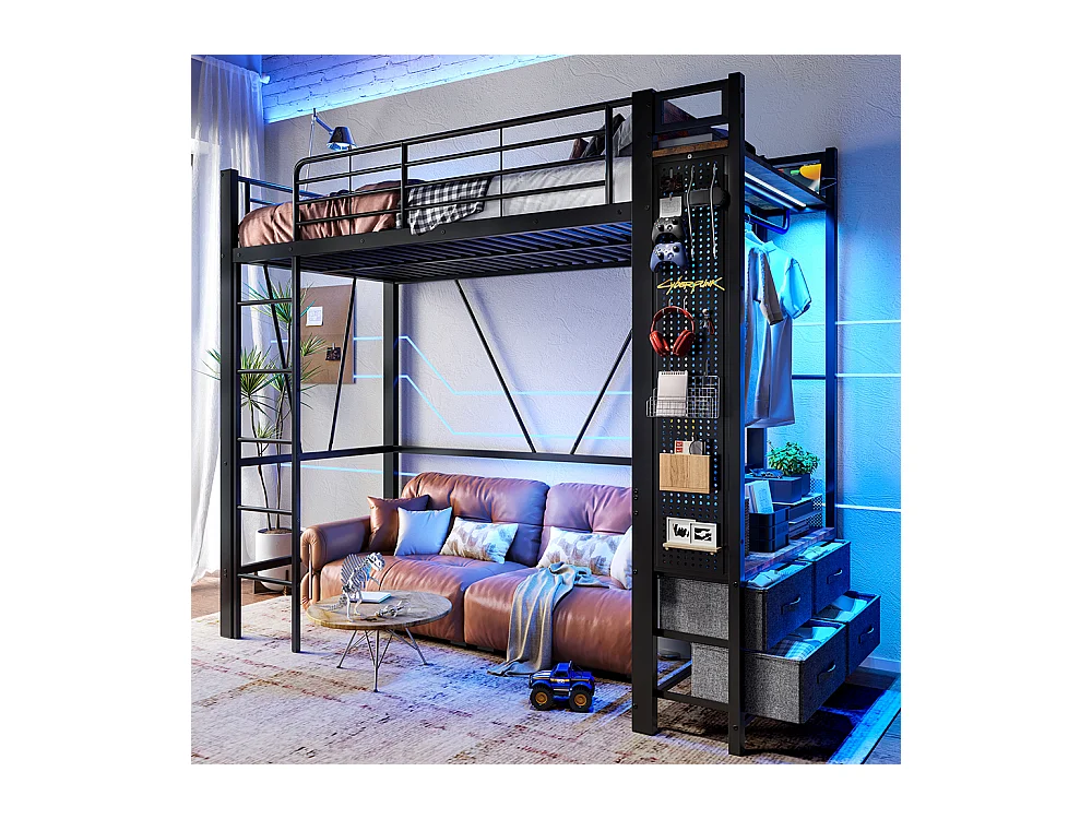 Lit mezzanine 90 x 200 cm, structure en fer, avec tringle à linge, étagères, tiroirs, prises USB + Type-C, bande LED, noir